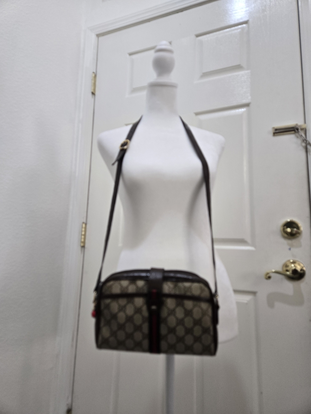 Gucci Brown Monogram Crossbody Bag With Green And Red Stripe
